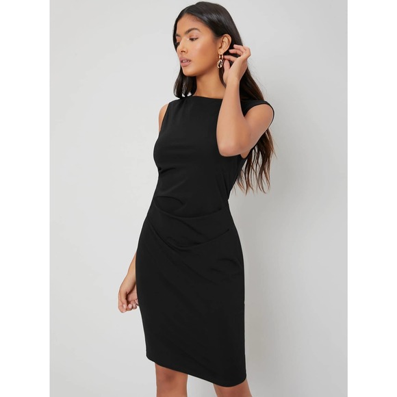 TANK SLEEVE FITTED GATHERED BODYCON DRESS BUSINESS CASUAL MINIMALIST BLACK - Picture 7 of 11